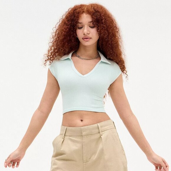 NWT UO Out From Under Sporty Green Collared Baby Tee - Picture 1 of 6